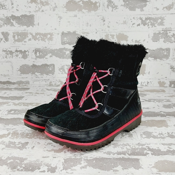 Sorel Tivoli Black & Pink Fuzzy Lined Winter Snow Boots T401 - Picture 2 of 9